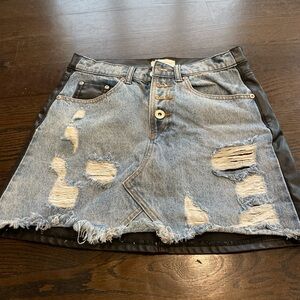 Dance & Marvel Blue and Black Distressed Mini Skirt